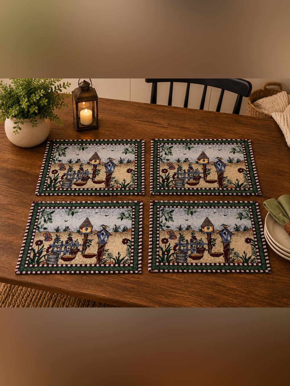 Garden Cross stitch Decorative Birdhouse  Placemat set of 4 Beige and Blue